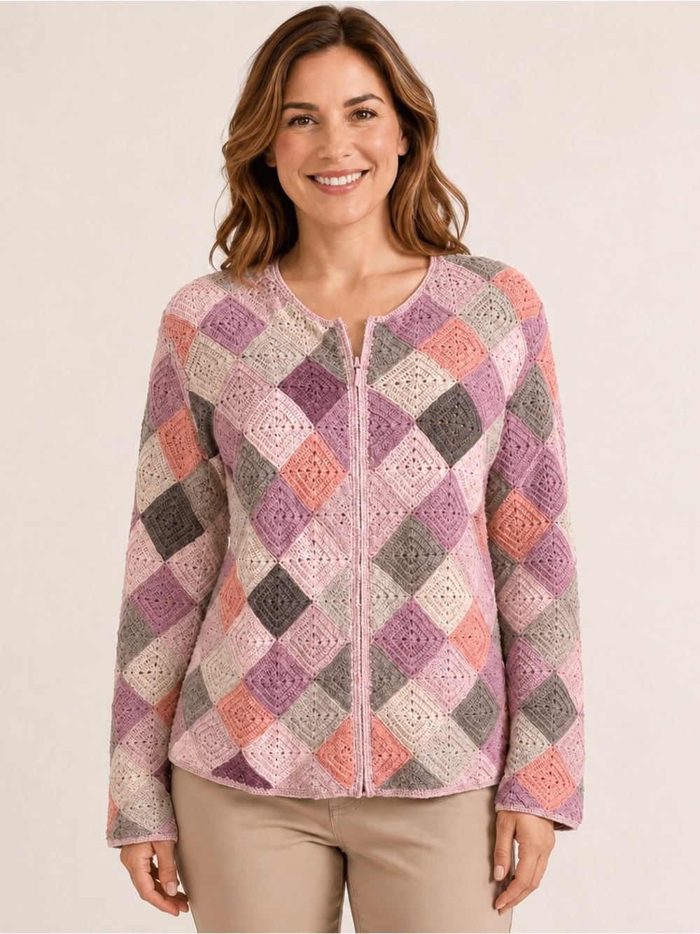 Talbots LARGE Pink / Brown Crochet Patchwork Ramie/cottonGranny Core cardigan